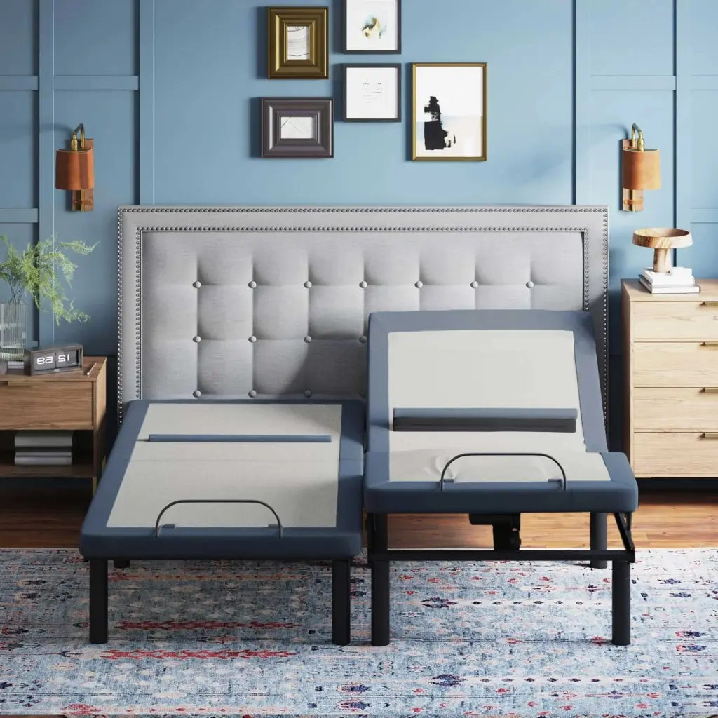 Bt6500 California Split King Adjustable Bed Blue Cream Upholstery omne sleep