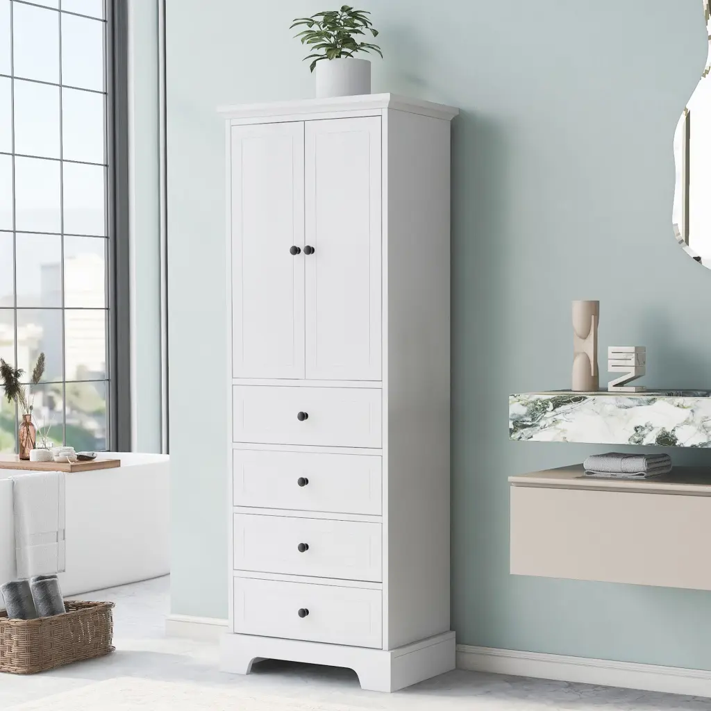 Storage Cabinet 2 Doors and 4 Drawers Adjustable Shelves Bathroom or Office by