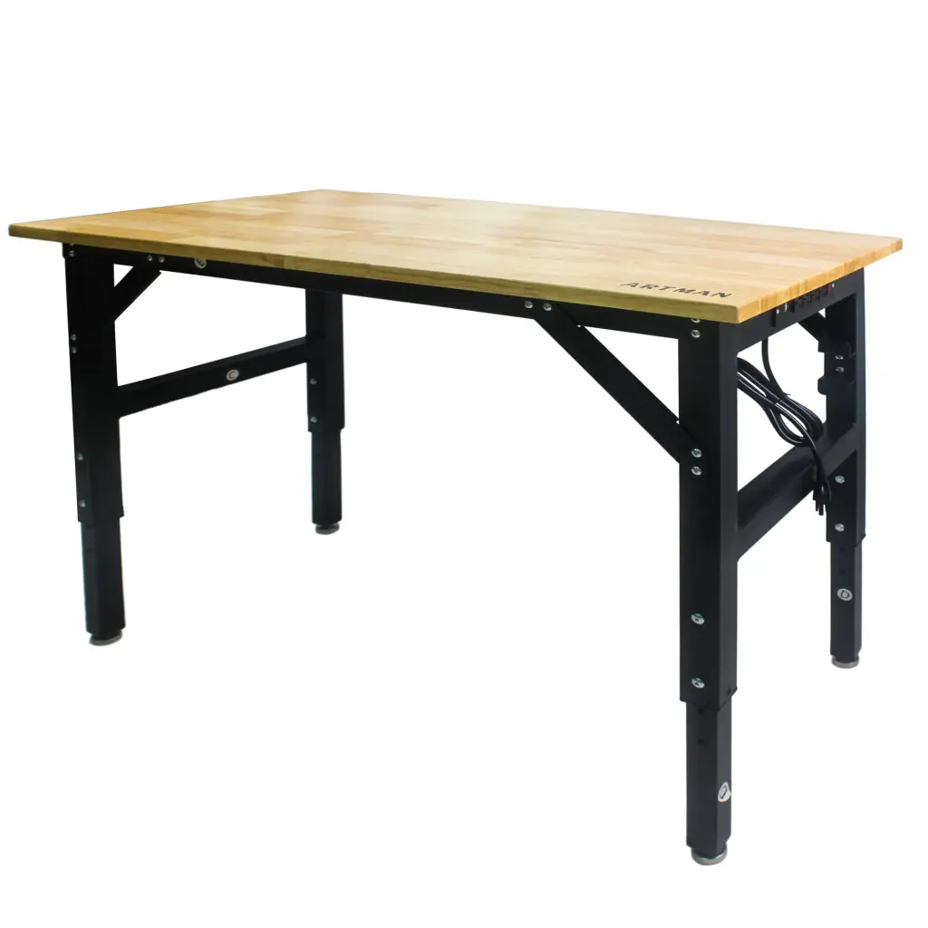 Metal Adjustable Worktable Socket And Wooden Top Black Manual Height Adjustable Desk artman