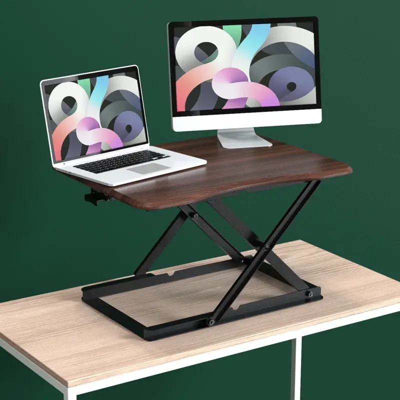 Computer Lifting Desk Black Brown Metallic and Timber Finish b2711