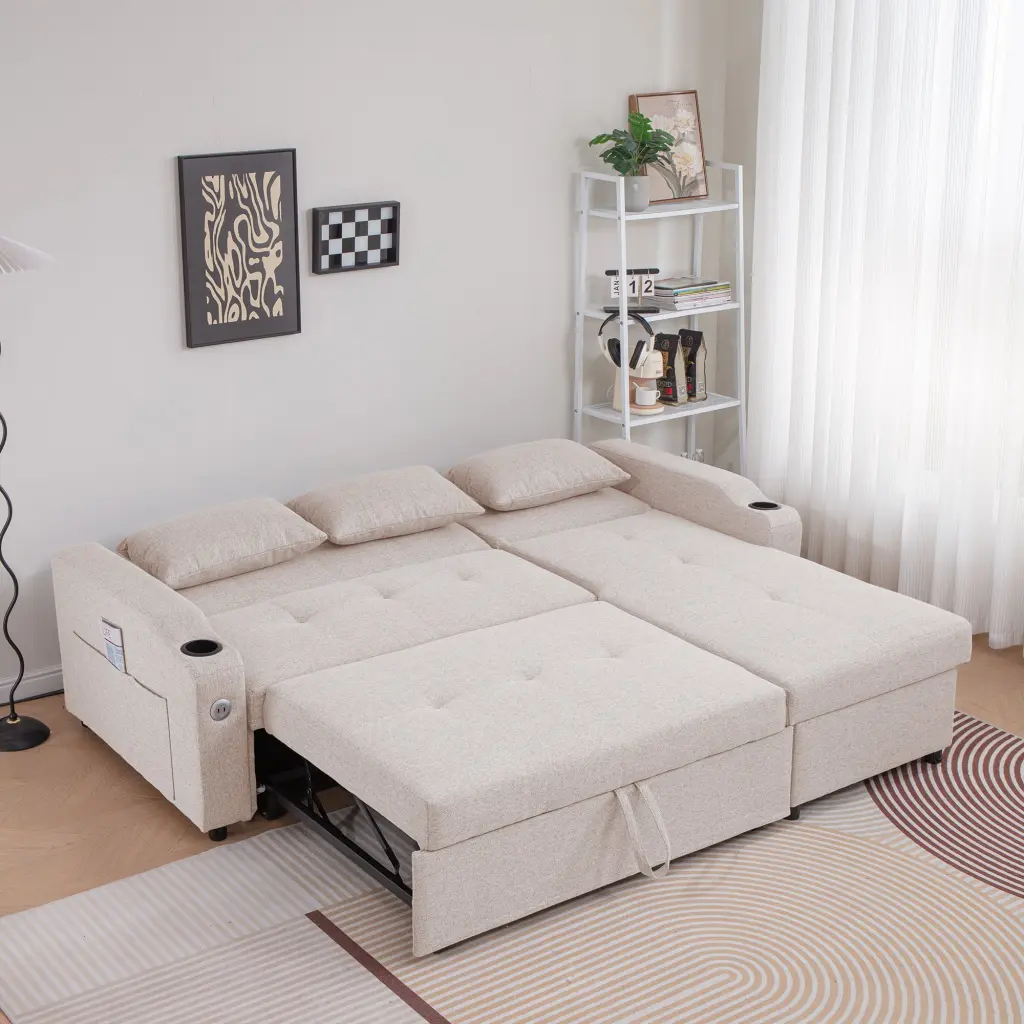 84 Inch Adjustable Backrest Sofa Bed 3 1 Linen Sleeper USB Ports senge
