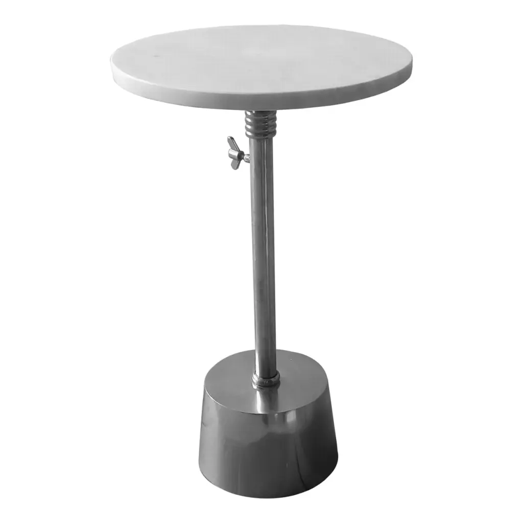 Aluminum Frame Round Side Table Marble Top and Adjustable Height White and Silver Saltoro Sherpi