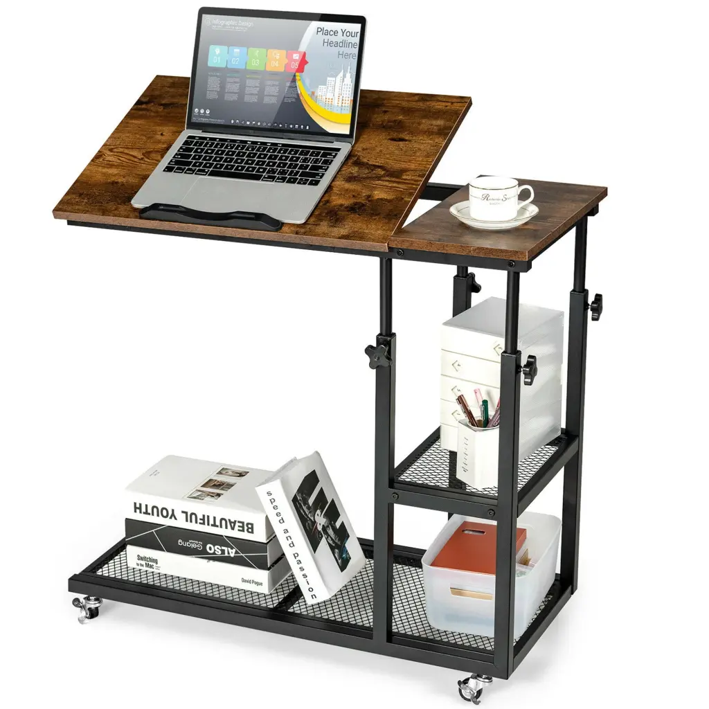 Gymax C Shaped Side Table Wheels Adjustable Height and Tabletop Storage Shelf