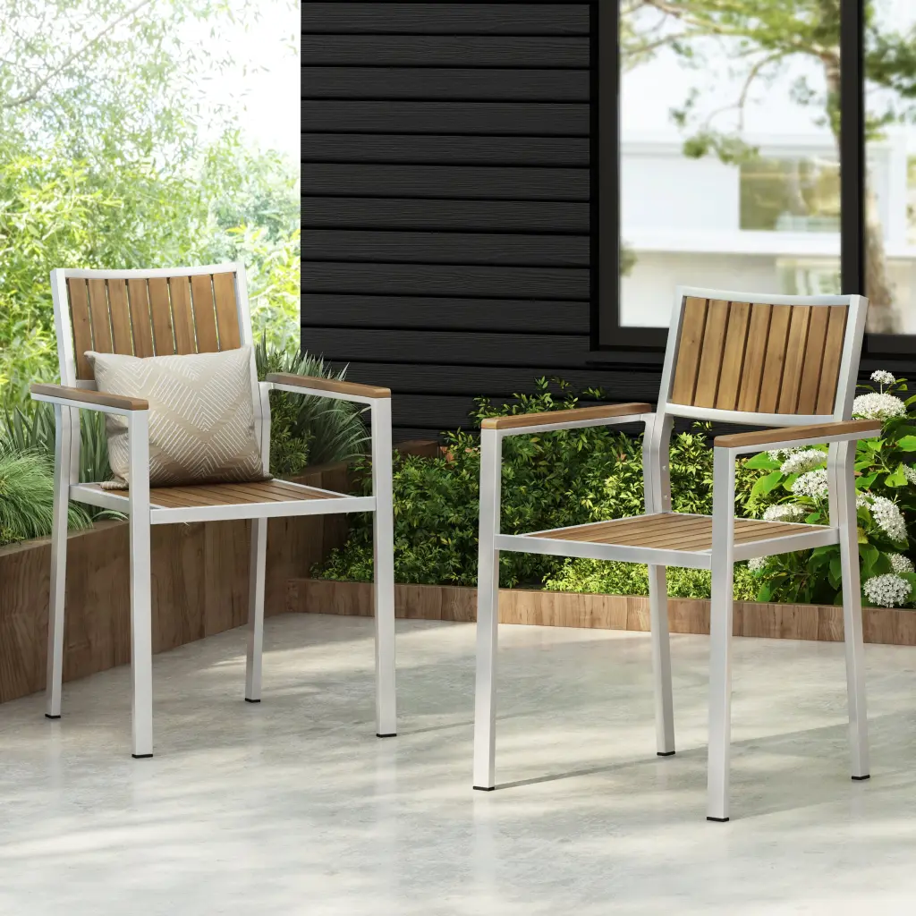 Cape Coral Aluminum Wood Dining Chair Set 2 Natural Aluminum Outdoor Seating nh-sunfay