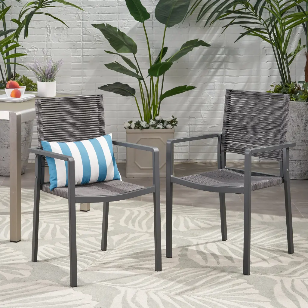 Outdoor Modern Aluminum Dining Chair Rope Seat Set 2 Gray and White nh-uhome