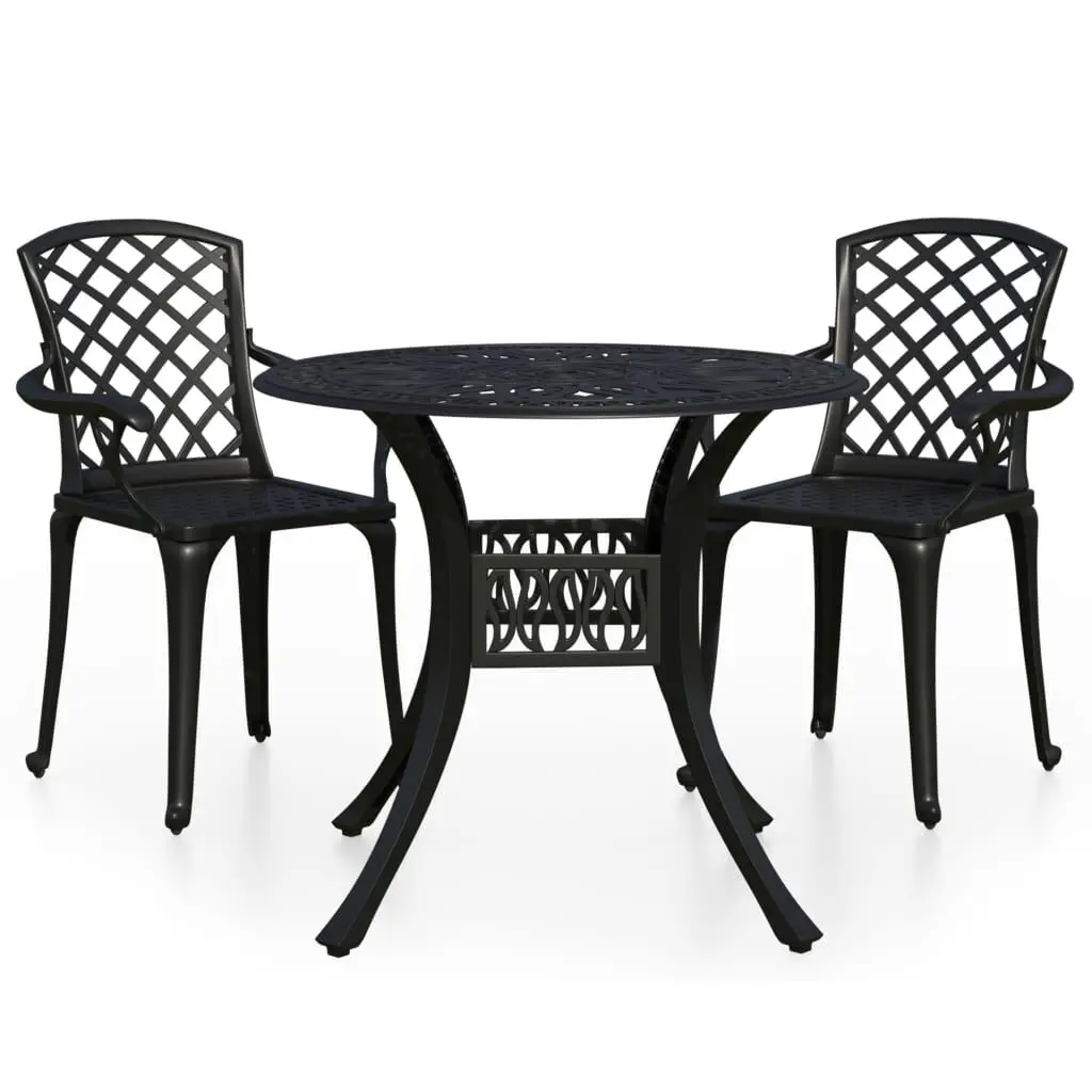 3 Piece Bistro Set Cast Aluminum Black Outdoor Cafe Dining Set