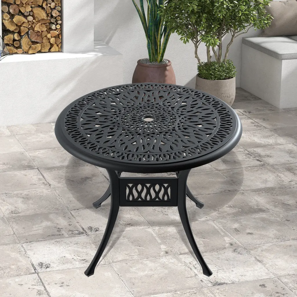 35.43 Inch Cast Aluminum Patio Dining Table Black Frame Umbrella Hole nicesure