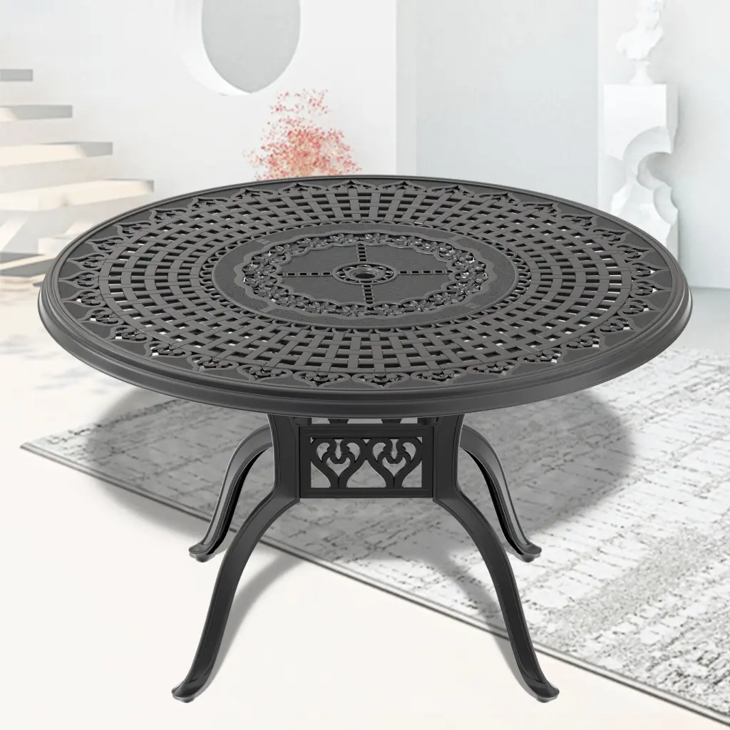47.24 Inch Cast Aluminum Patio Dining Table Black Frame and Umbrella Hole nicesure