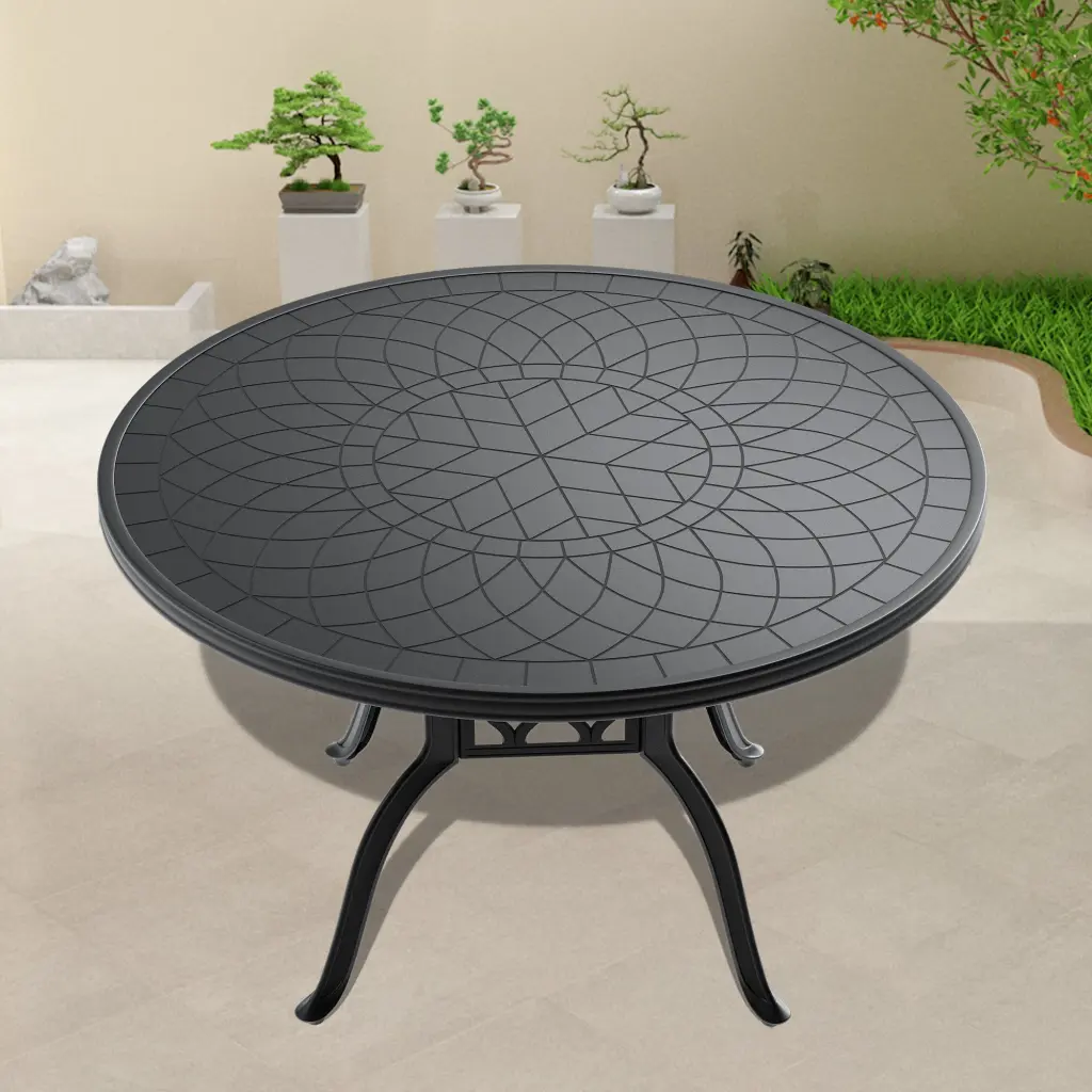 47 Inch Cast Aluminum Patio Dining Table Black Frame Carved Design Outdoor nicesure