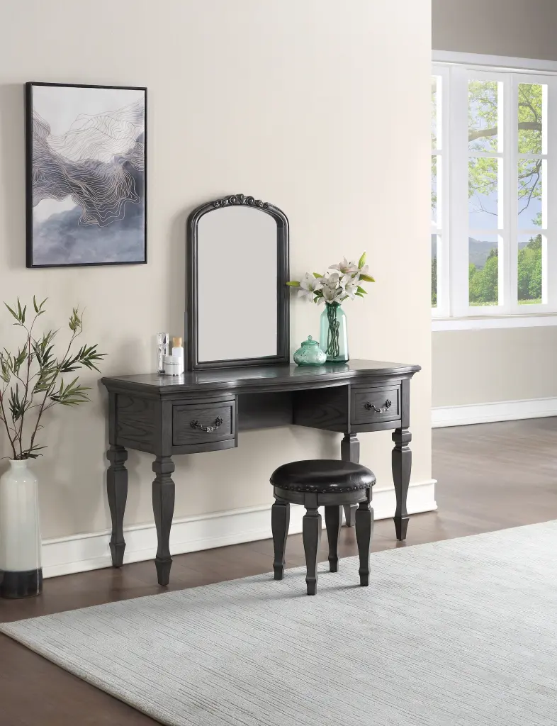 Timeless Vanity Set Wooden Carved Mirror Stool and Drawers Antique Finish kanepe