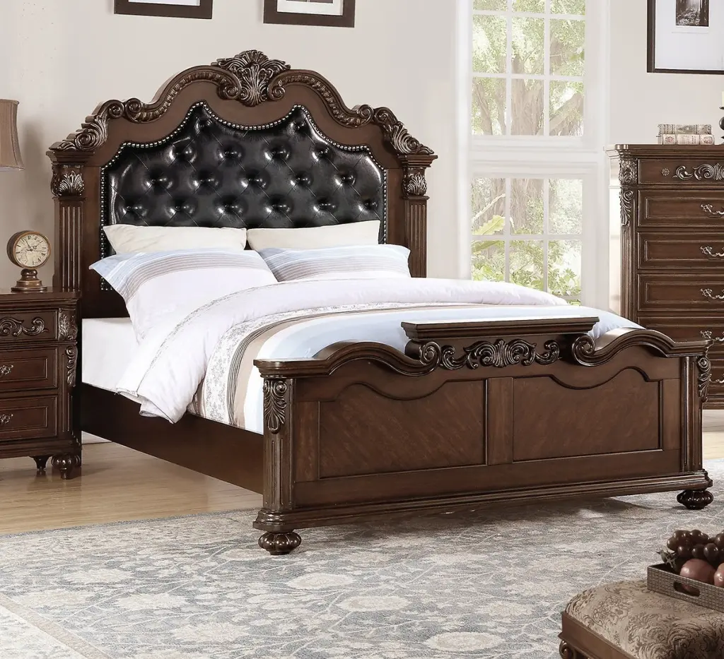 Gorgeous Traditional Antique Cherry 1Pc Eastern King Dimensions Bed Tufted Fabric kanepe