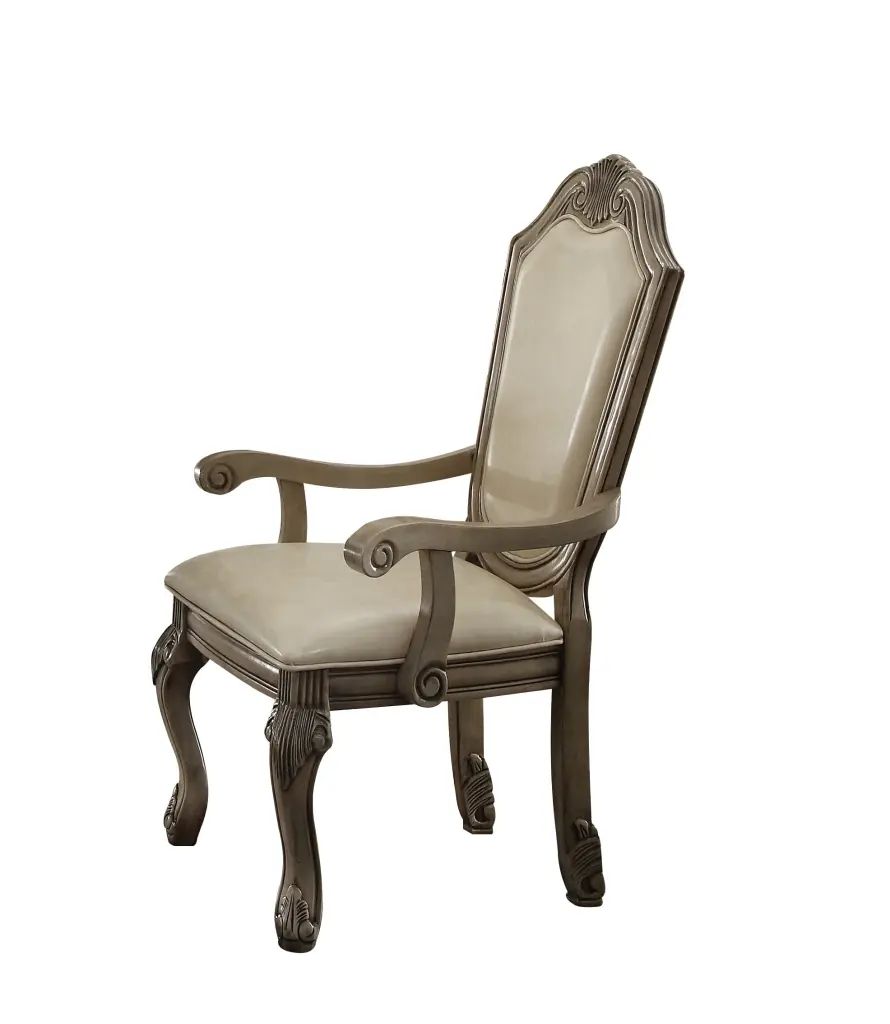 Chateau De Ville Arm Chair Set 2 Synthetic Leather Antique White Dining Chairs acme onsite store
