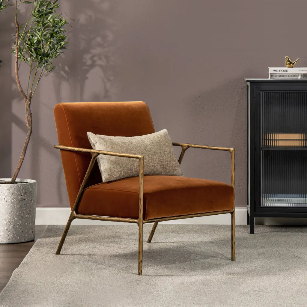 Aerin 24.5 Inch Hammered Brass Upholstered Accent Arm Chair Burnt Orange jennifer taylor home