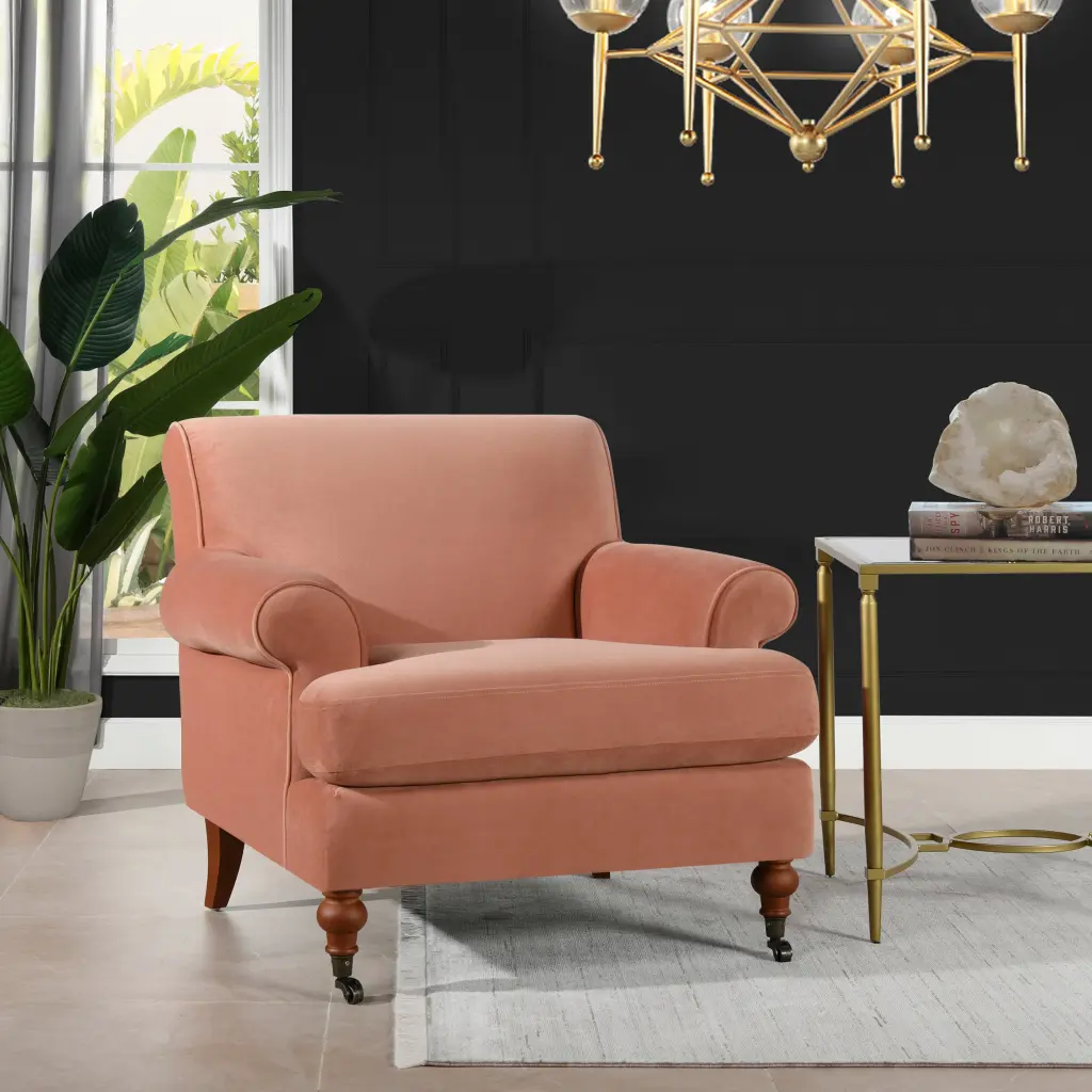 Alana 38 Inch Lawson Accent Arm Chair Metallic Casters Peach Orange Velvet Upholstery jennifer taylor home