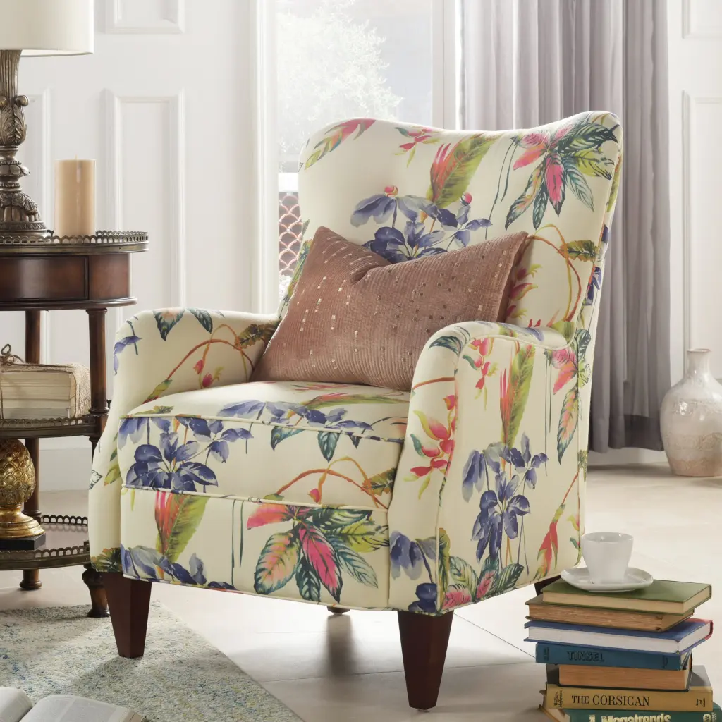 Paradise Upholstered Arm Chair Off White Floral Printed Cotton Fabric jennifer taylor home