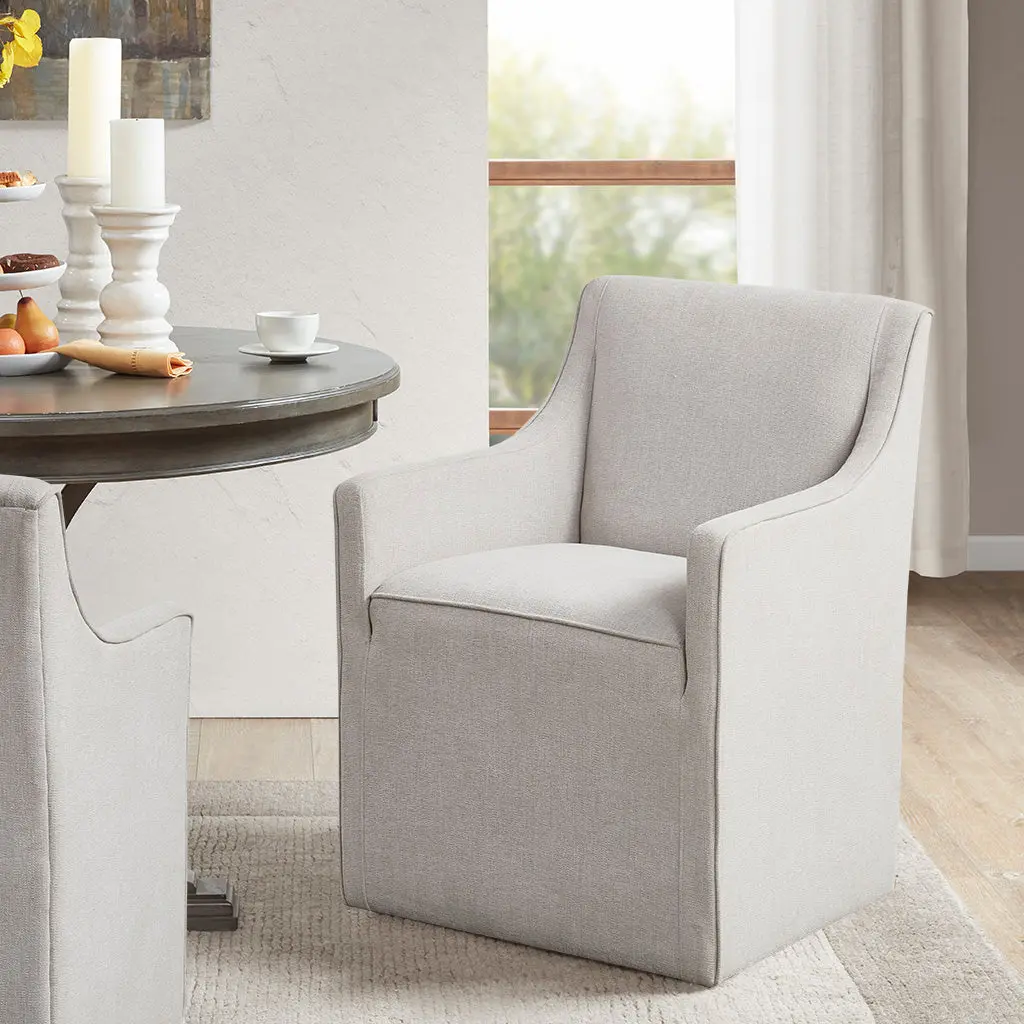 Slipcover Dining Arm Chair Casters Grey Polyester Upholstered Rolling Chair jla