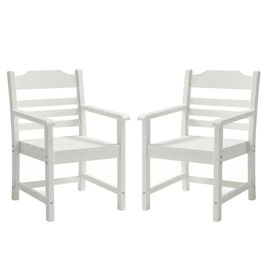 Set 2 Pure White Patio Dining Chairs Imitation Wood Arms justone outdoor -premium-