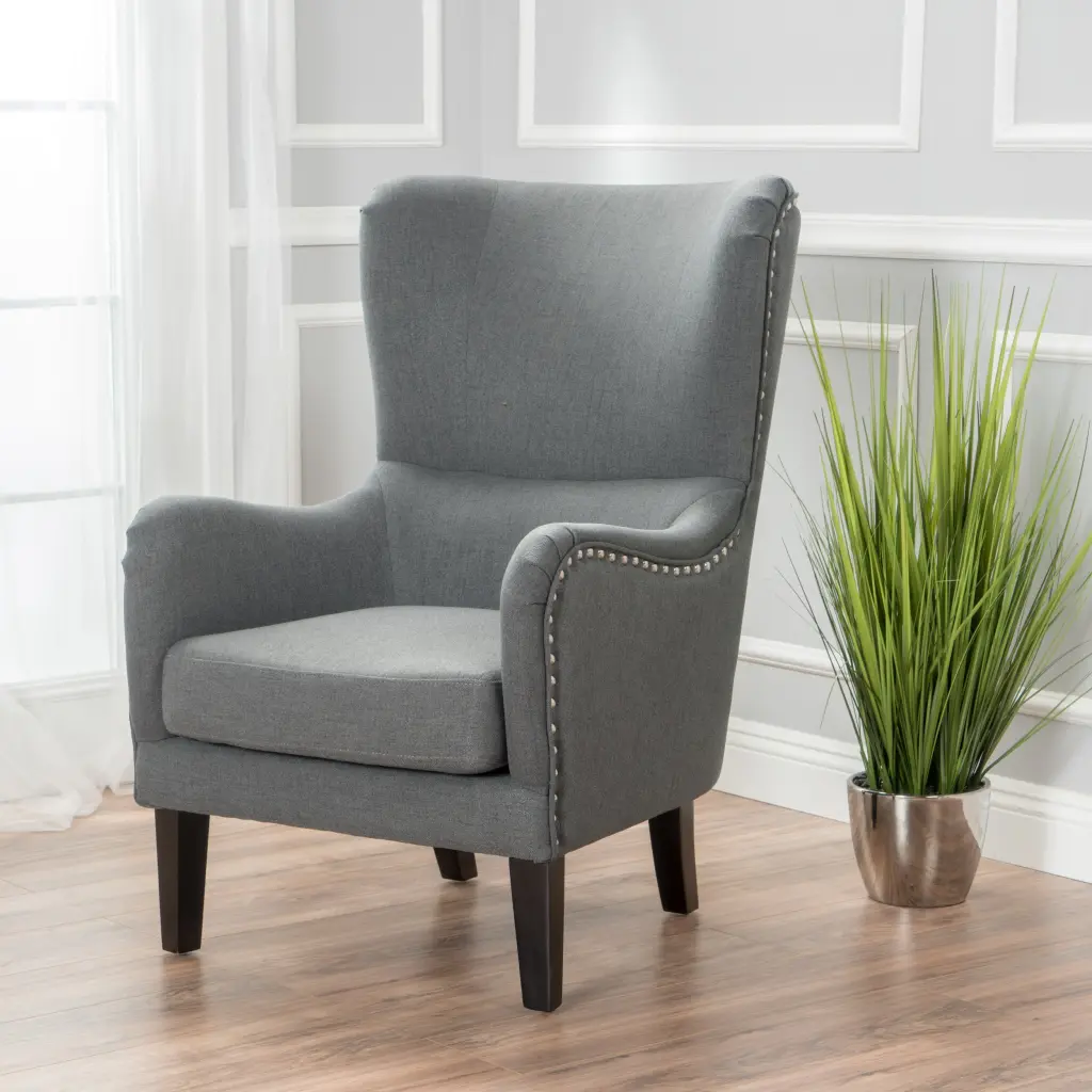 Hi Back Studded Arm Chair Living Room Study Bedroom Grey Fabric nh-mirod-can
