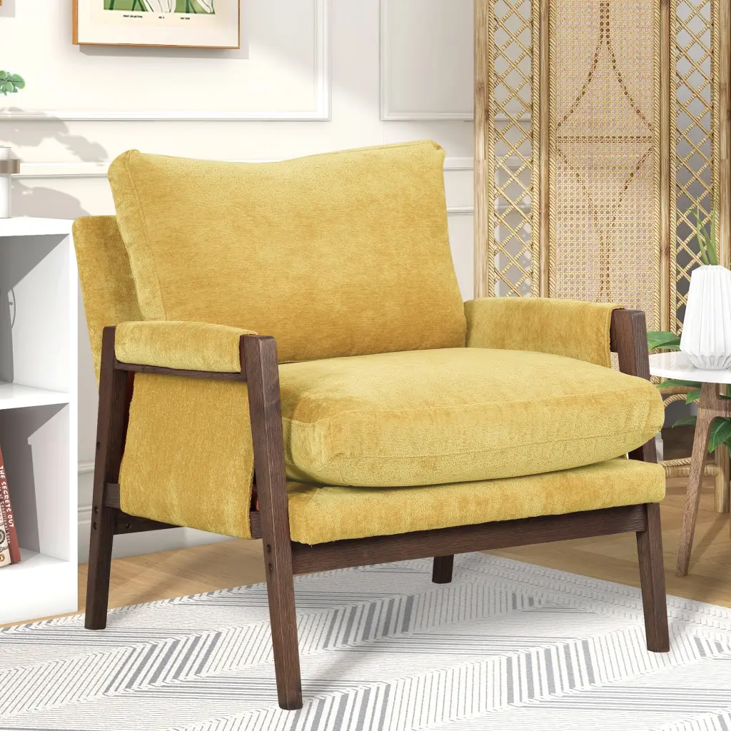 Kelly Mid Century Modern Velvet Accent Armchair Yellow Espresso hz