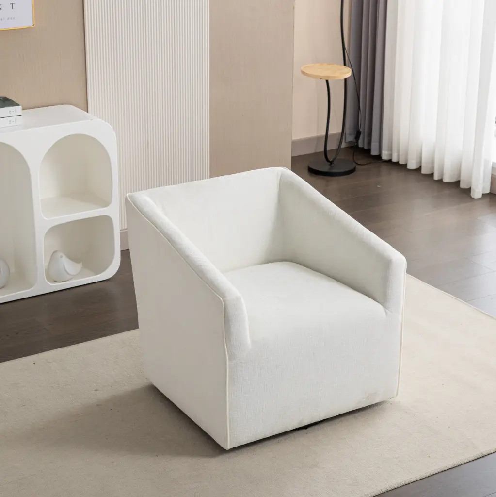 Nice Modern Upholstered Barrel Armchair 360 Swivel White Brown Timber hz
