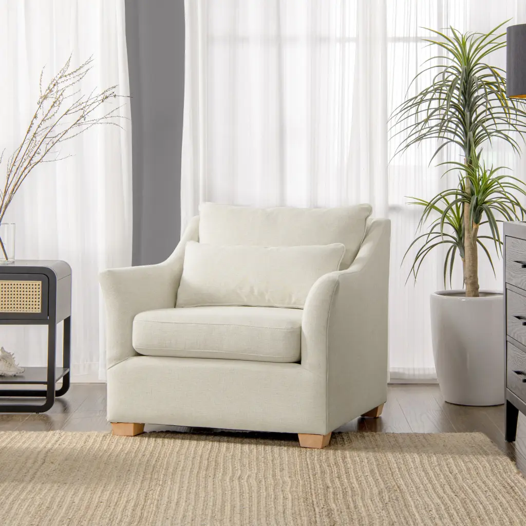 Ada 38 Inch Flared Arm Contemporary Armchair Lumbar Pillow Flax White jennifer taylor home
