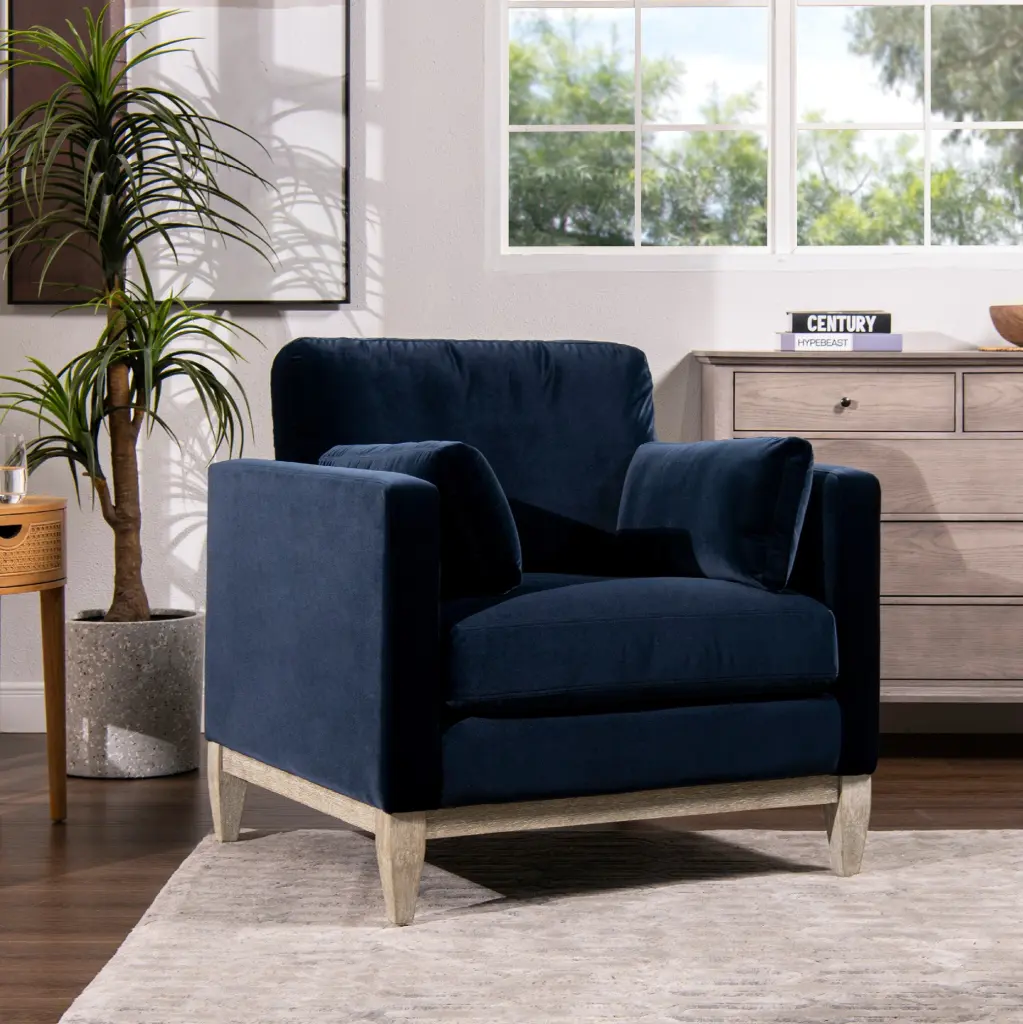 Knox 36 Inch Modern Farmhouse Arm Chair Dark Navy Blue Performance Velvet jennifer taylor home
