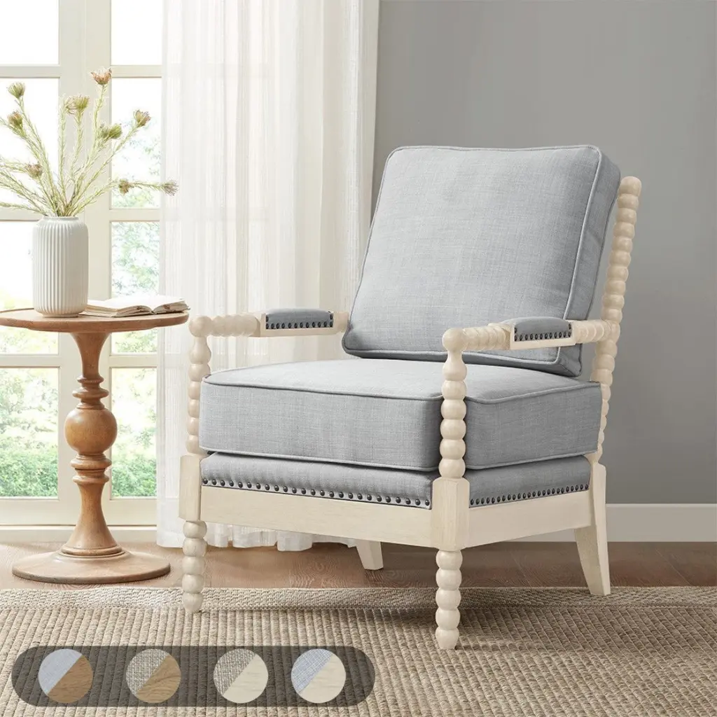 Ivory Grey Wood Frame Accent Arm Chair Modern Upholstered Lounge Chair Living Room jla
