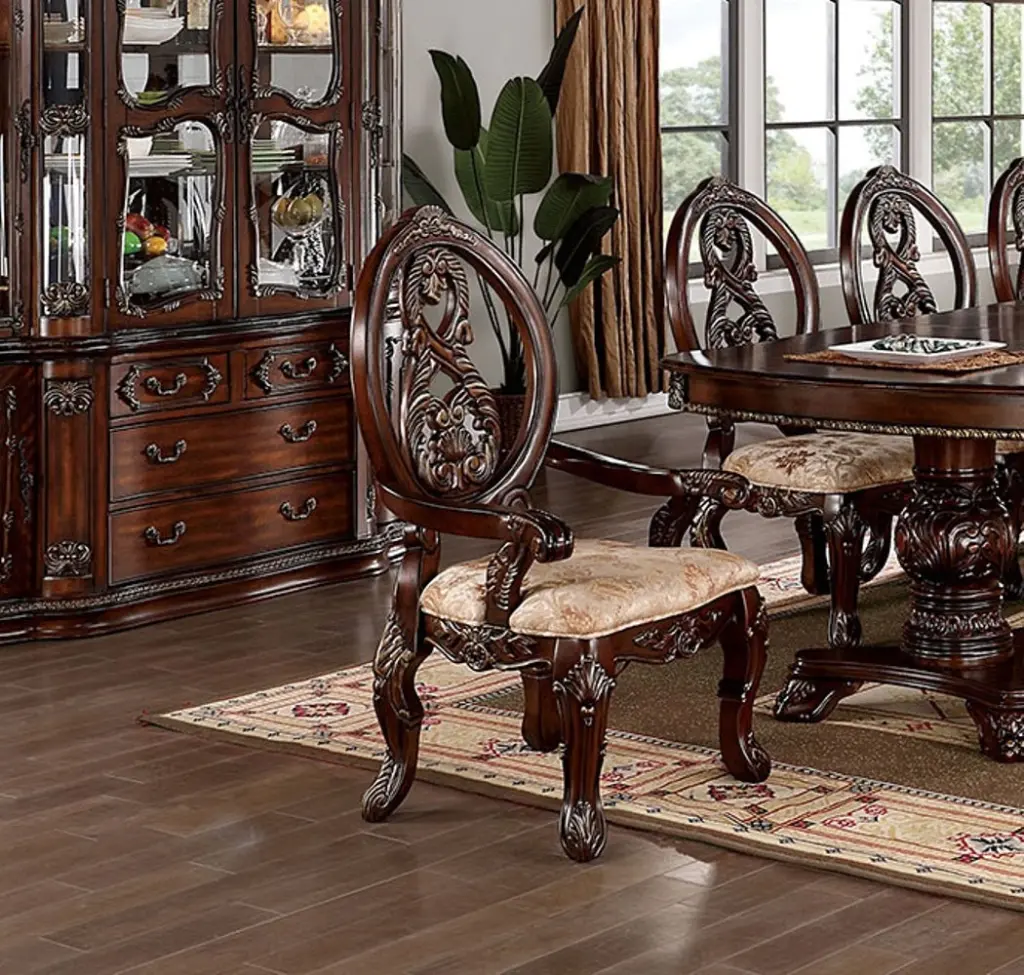 Traditional Brown Cherry 2Pcs Arm Chairs Tan Fabric Seats kanepe