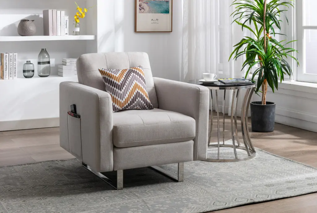 Victoria 33.5 Inch Beige Linen Armchair Metallic Legs And Side Pockets lilola home