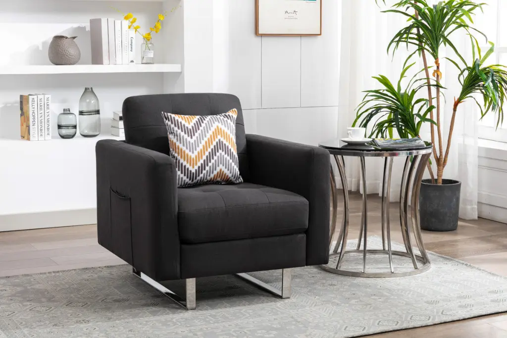 Victoria 33.5 Inch Dark Gray Linen Fabric Armchair Metal Legs lilola home