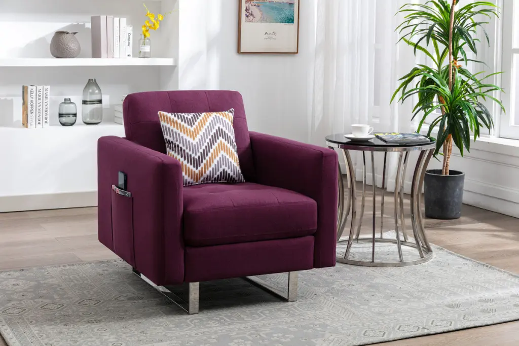 Victoria 33.5 Inch Purple Linen Fabric Armchair Metal Legs Side Pocket lilola home