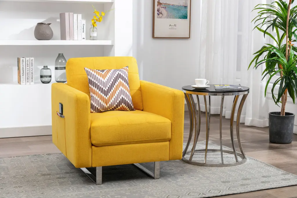 Victoria 33.5 Inch Yellow Linen Armchair Metallic Legs and Side Pocket lilola home