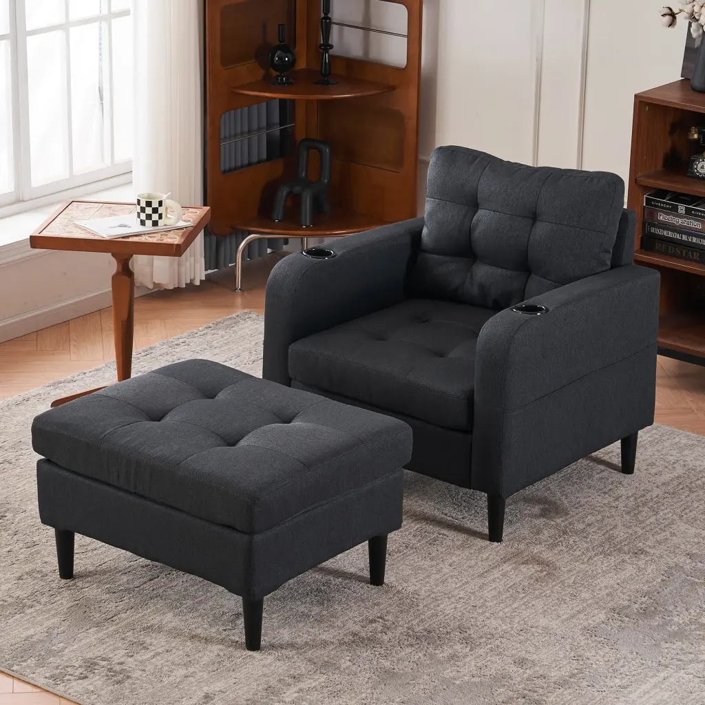 Dark Gray Upholstered Armchair And Storage Ottoman Set Cozy Single Seater rnb