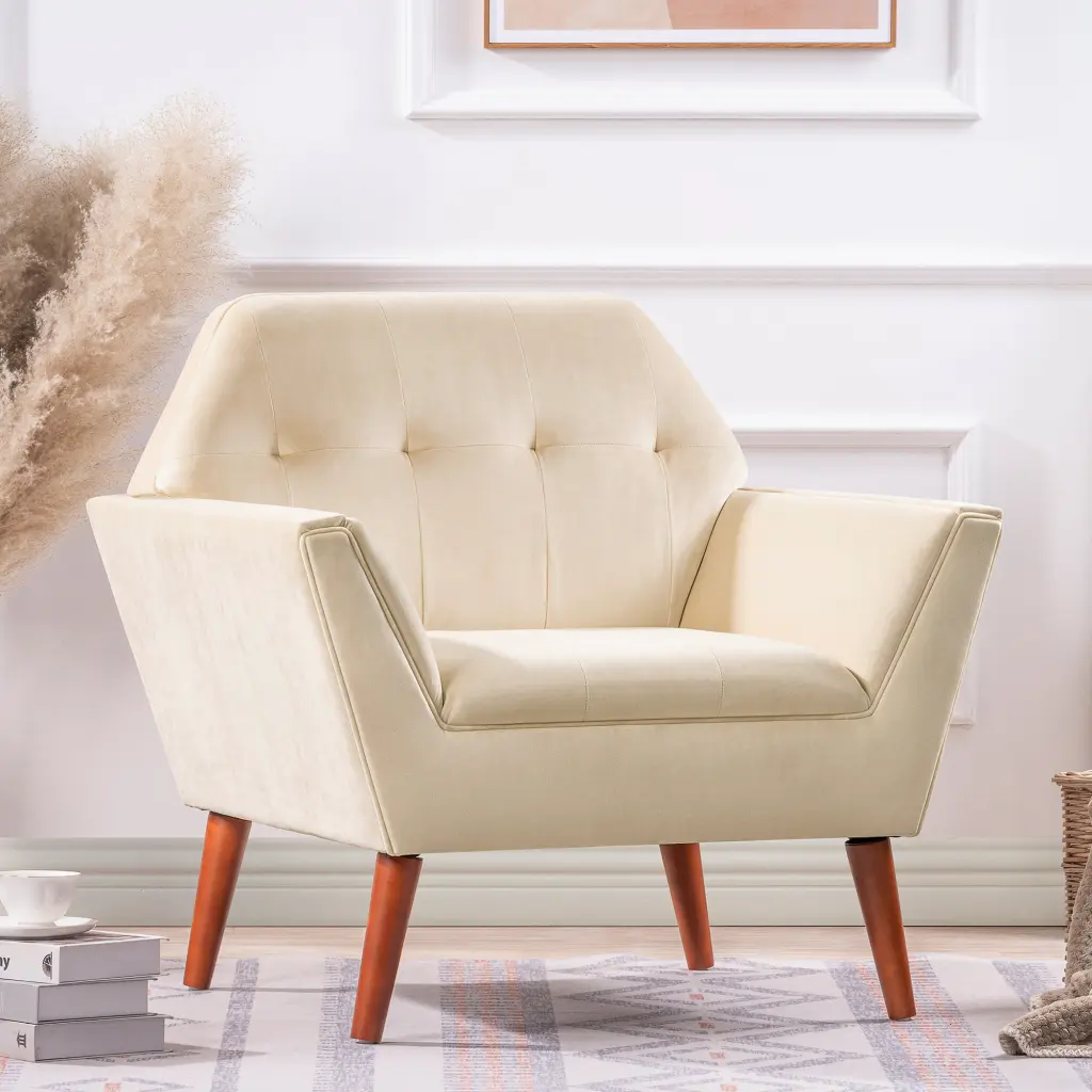 32 Inch Tufted Armchair Beige Polyester Material rnb