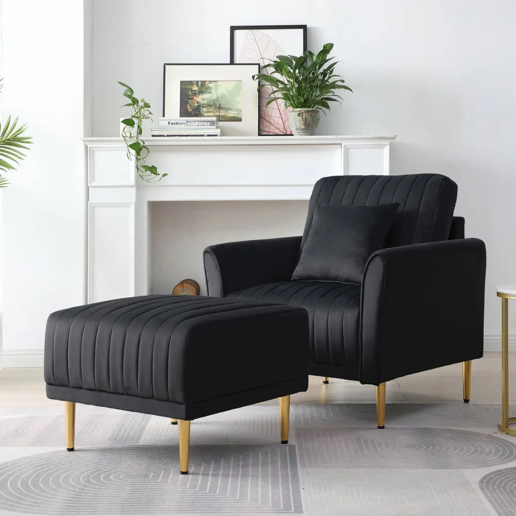 Black Velvet Armchair Ottoman Single Sofa Chair And Ottoman Set ui furniture