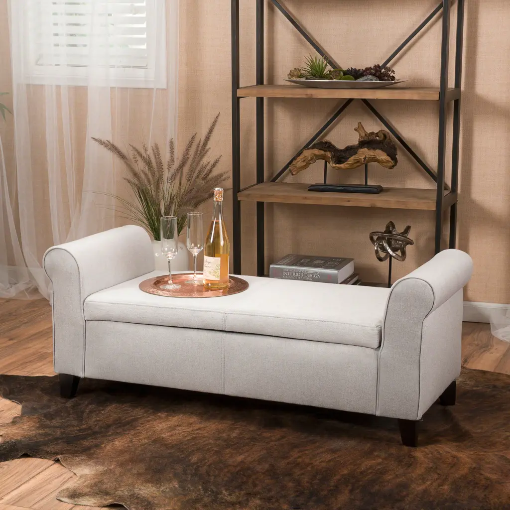 Hayes Armed Storage Bench Light Grey Fabric Entryway or Bedroom nh-perfect home