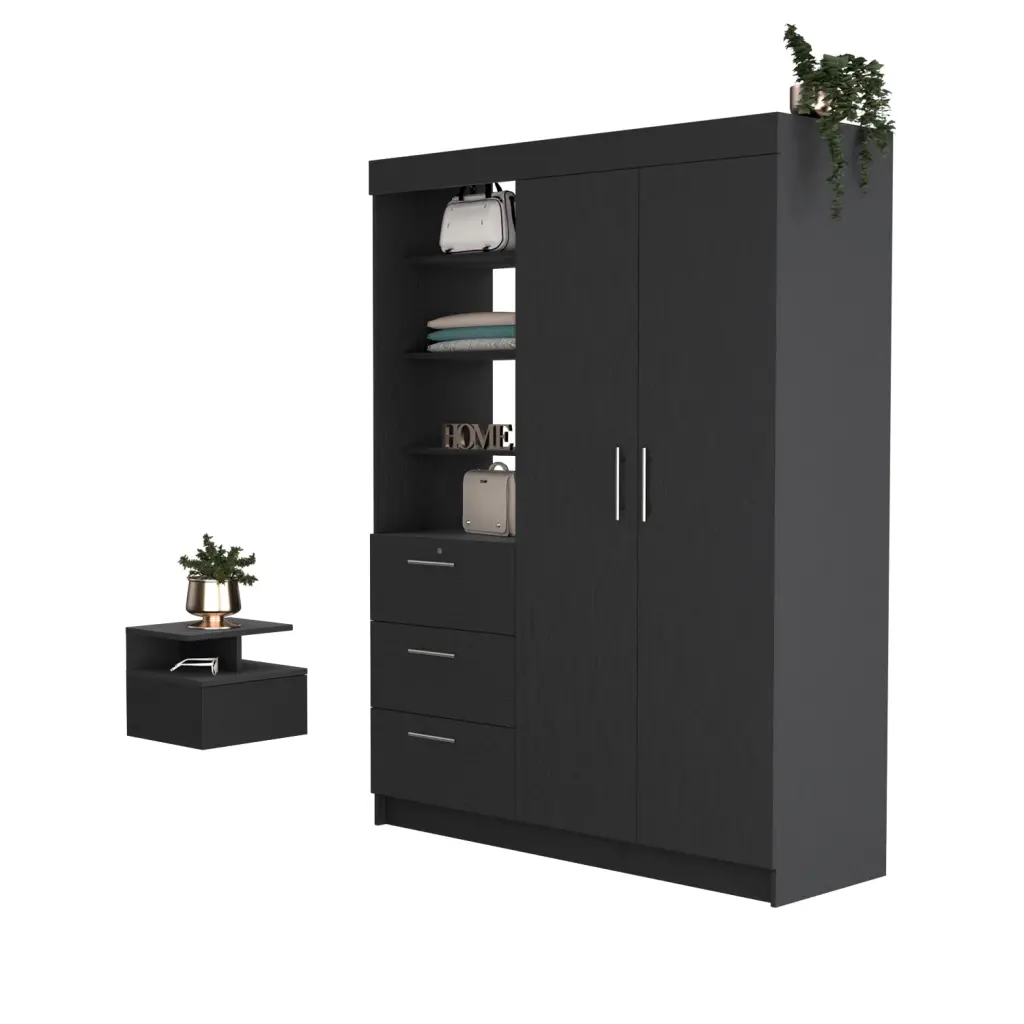 Kenya 2 Piece Bedroom Set Armoire Nightstand Black Particle Board treevol furniture