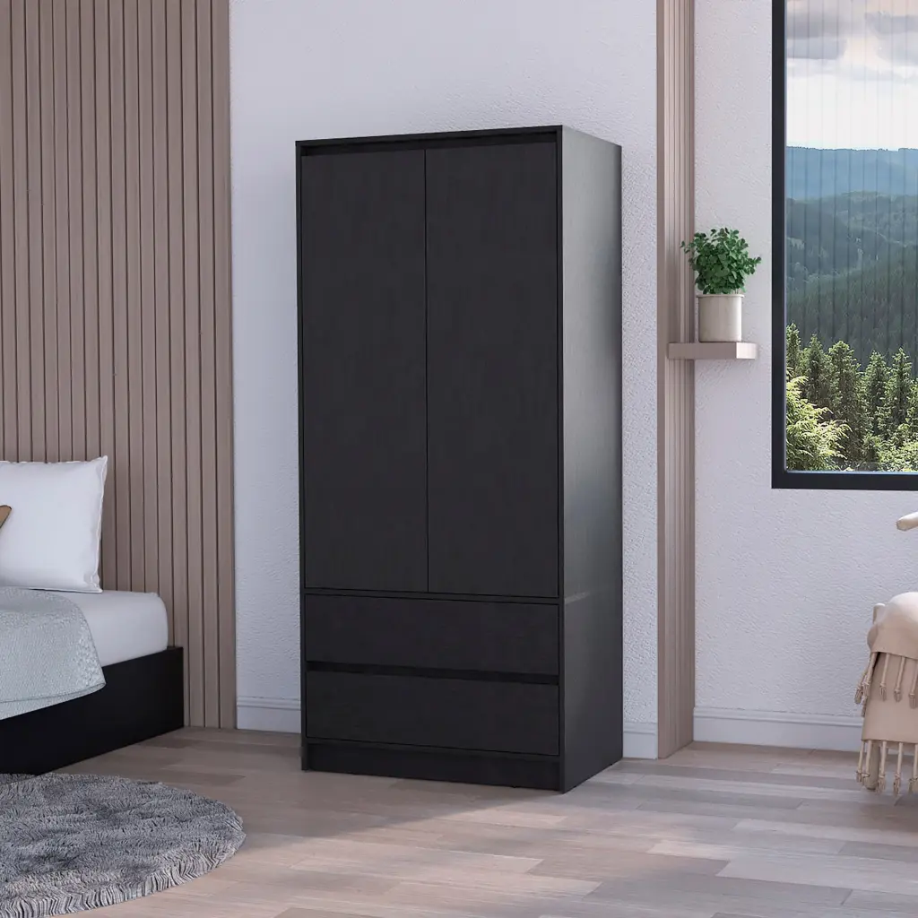 Black 2 Drawer Armoire Timber Bedroom Storage Cabinet furniture max