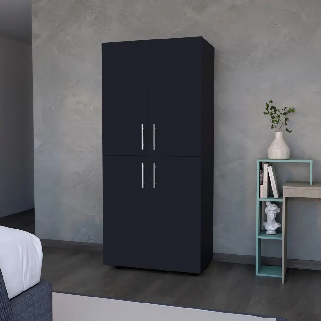 White 4 Door Armoire Black Melamine Finish Bedroom Storage furniture max