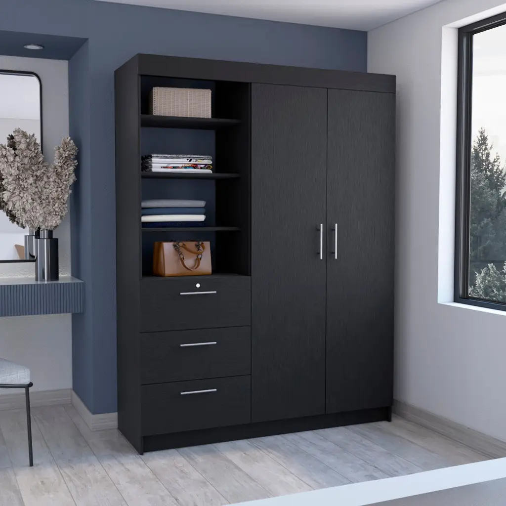Kenya 3 Drawers Armoire Double Door 3 Tier Shelf Black Particle Board rta mubles colombia