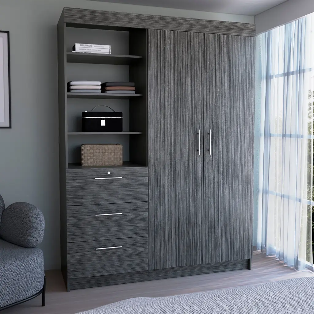 Kenya 3 Drawer Armoire Double Door 3 Tier Shelf Smokey Oak Finish rta muebles colombia