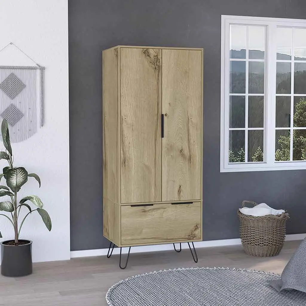 Augusta Armoire Closet One Drawer Double Door Cabinet Light Oak Beige Storage Wardrobe tuhome