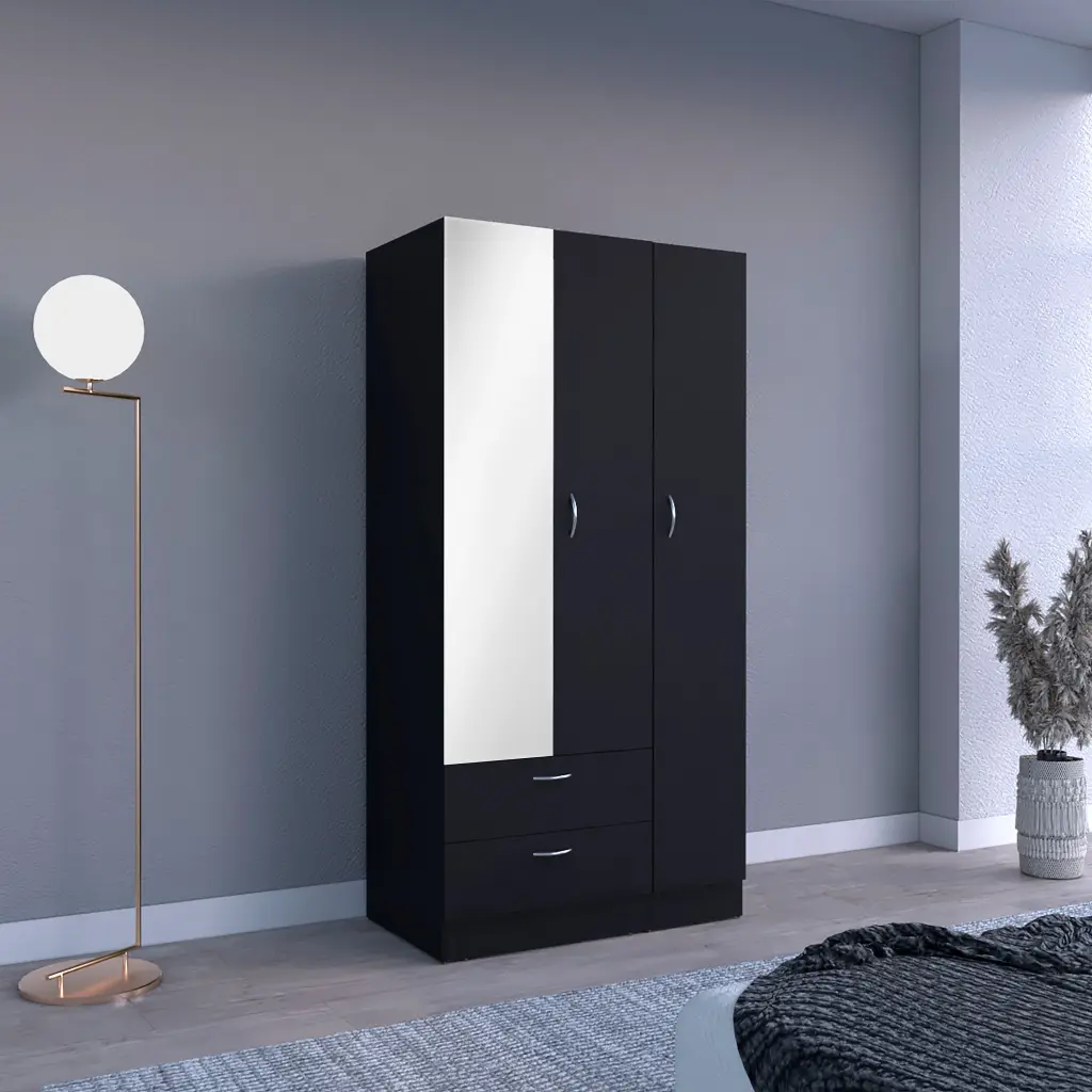 Riverside 3 Door Mirrored Armoire Two Drawers Four Shelves tuhome