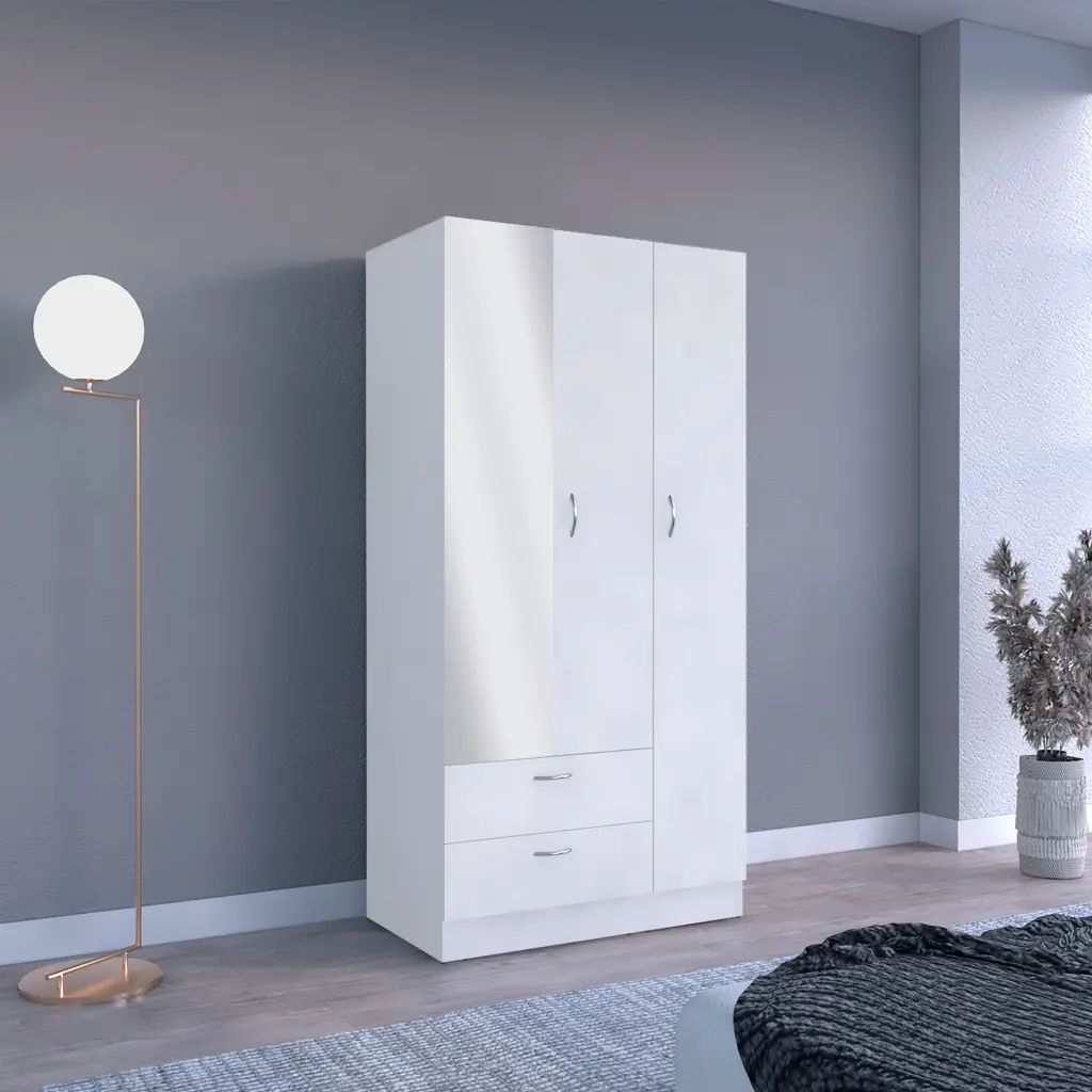 Riverside 3 Door Mirrored Armoire Two Drawers Four Shelves Bedroom Storage Cabinet tuhome