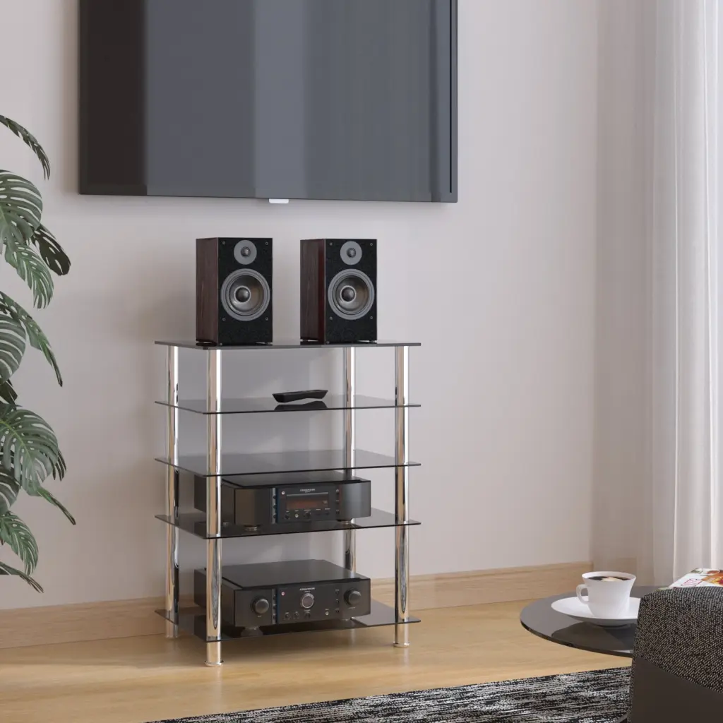 YOMT Modern AV Component Media Stand 5 Tempered Glass Shelves Black