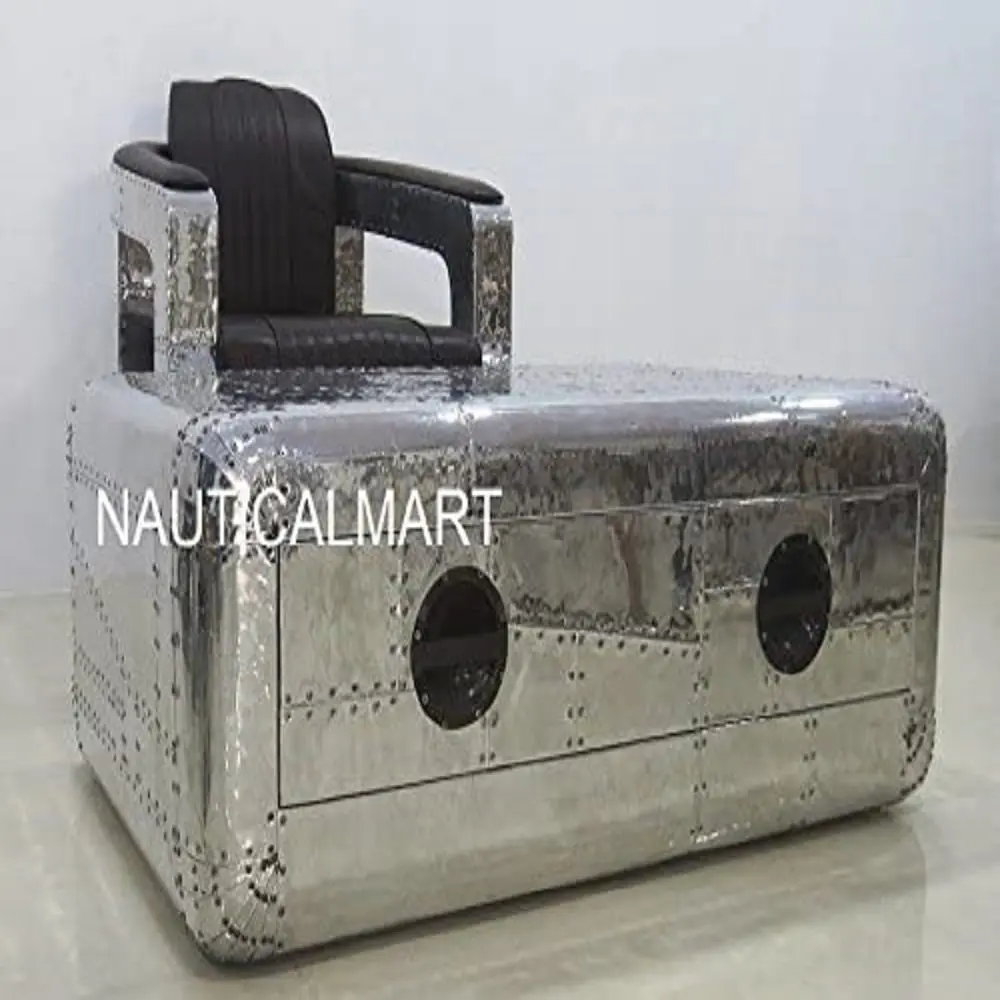 NauticalMart Aluminium Aviator Coffee Table One Drawer Trunk and Brown Leather Aviator Chair