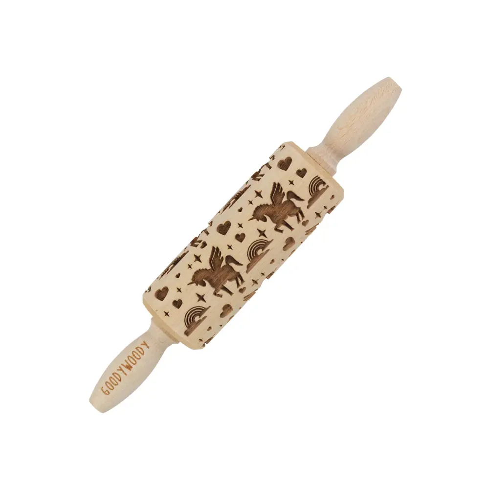 Goody Woody raised rolling pin engraved cake roller, 23.5 cm, beech wood, unicorn design