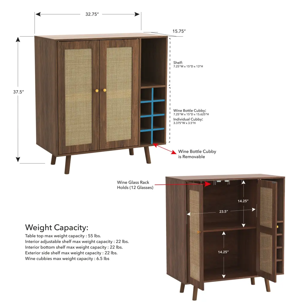 Bohemian Bar Cabinet Natural Rattan Doors and Removable Wine Rack Walnut atlantic inc.
