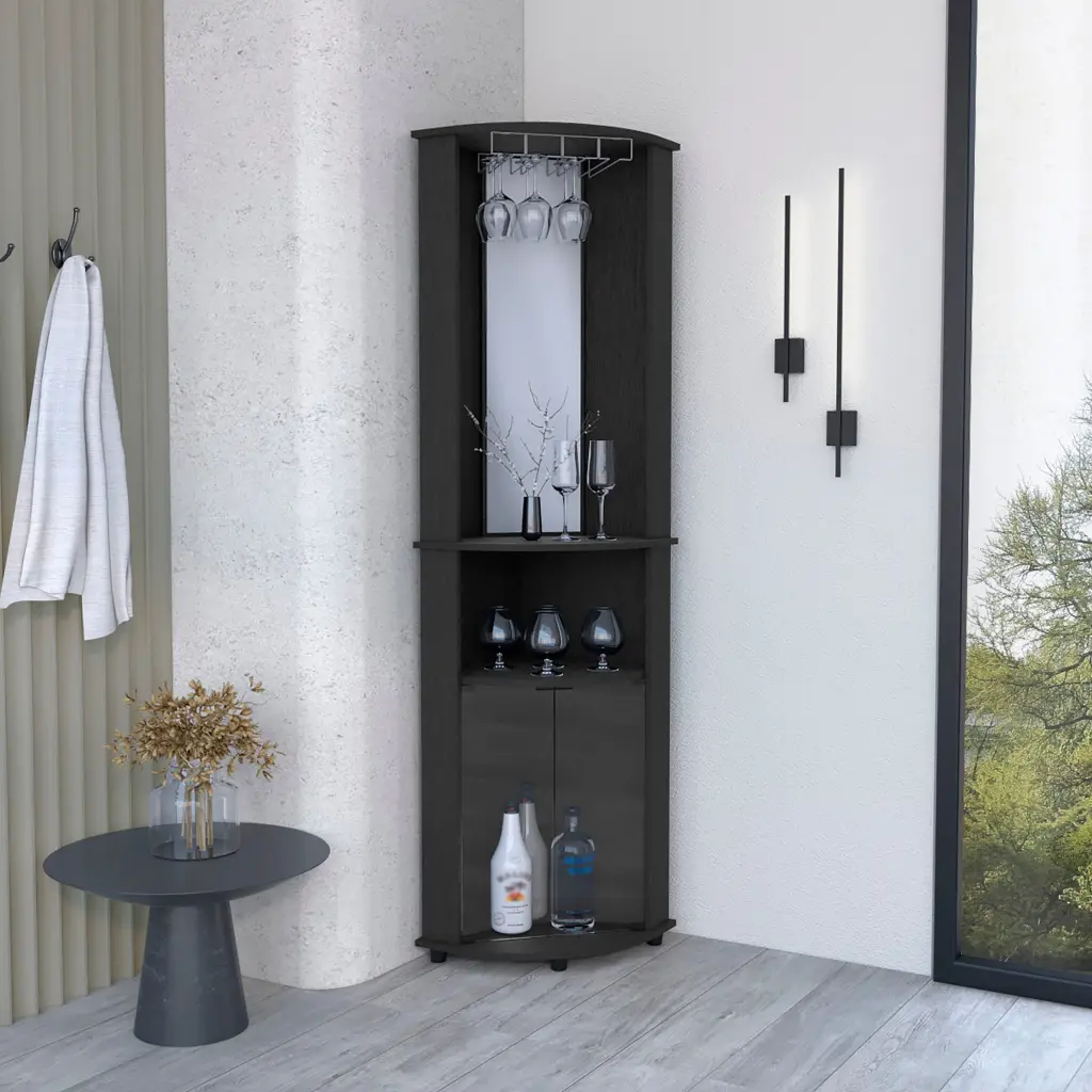 74" H Black Bar Coffee Corner Cabinet Storage Rounded Front Design depot e-shop