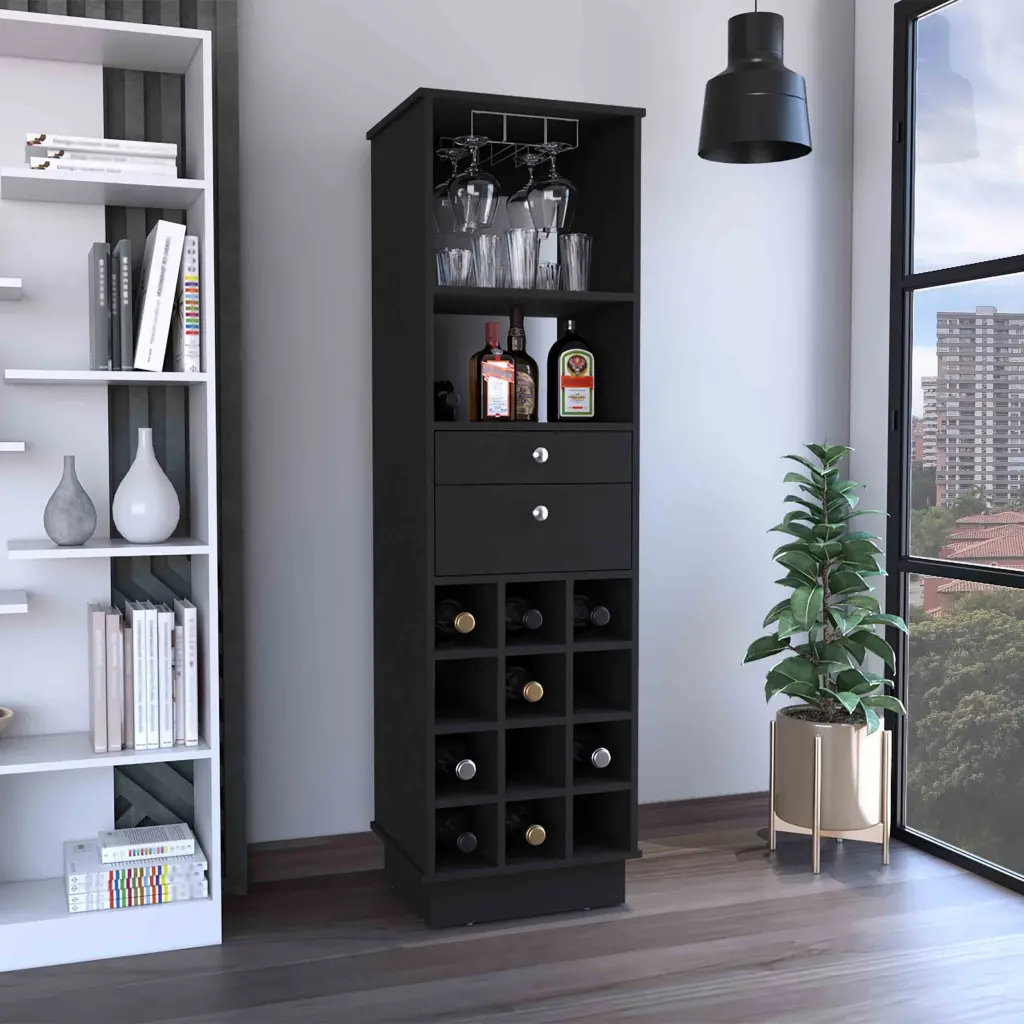 Zircon Bar Cabinet Two Drawers Black Particle Board Stylish Home Bar Furniture depot e-shop